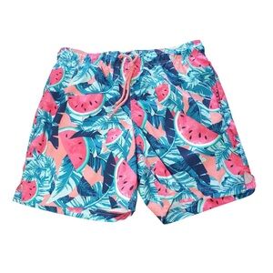 George Pink and blue swim trunks with watermelon and palm leaf print